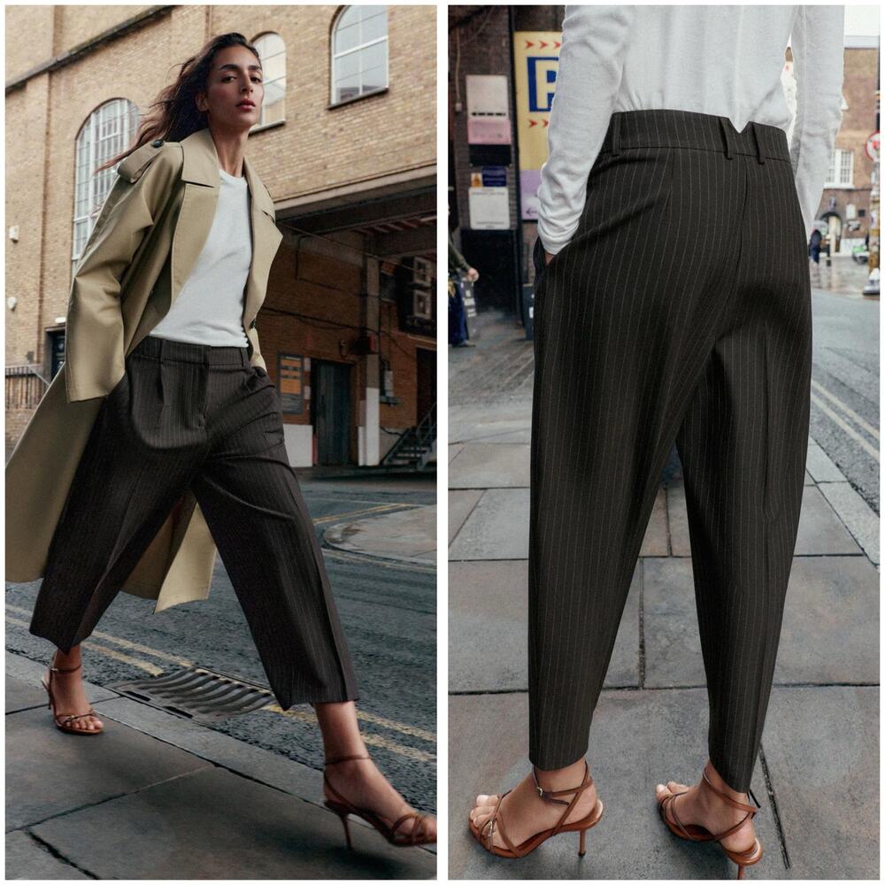 Zara Pleated Tapered Pants Size XS Brown Pinstripe 1608/270 Office Siren Career